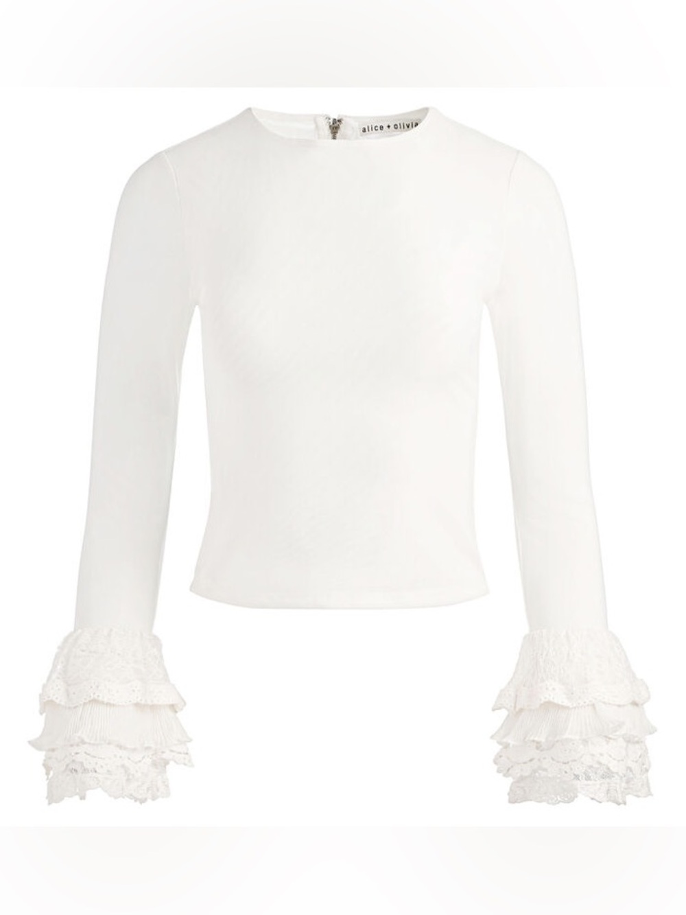 NWT Alice + Olivia Delaina Long Sleeve Top With Ruffle Cuff size Small in White - Picture 4 of 9